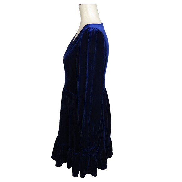 Halara Royal Blue Velvet Deep V Neck Long Sleeve Ruffle Hem Dress Size Medium - Picture 7 of 10